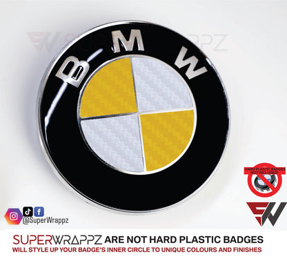 White & Yellow Carbon V1 BMW Badge Overlay — Compatible with E/F Series | SuperWrappz