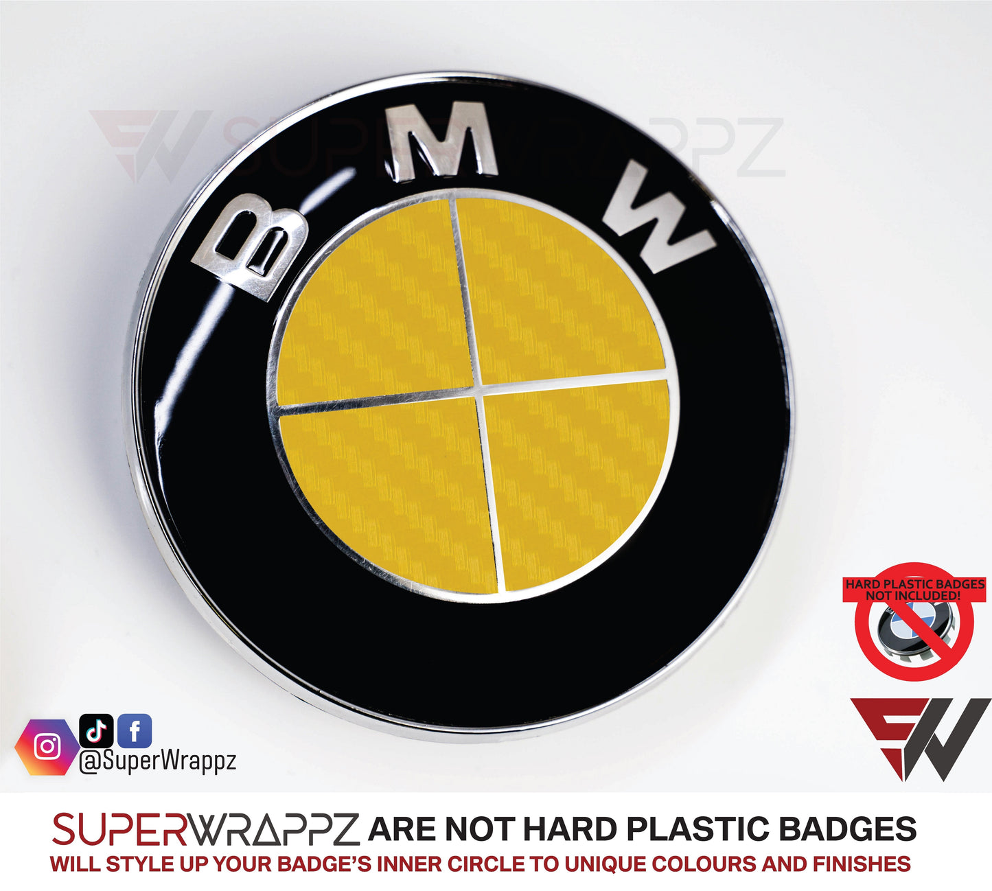Full Yellow Carbon V1 BMW Badge Overlay — Compatible with E/F Series | SuperWrappz