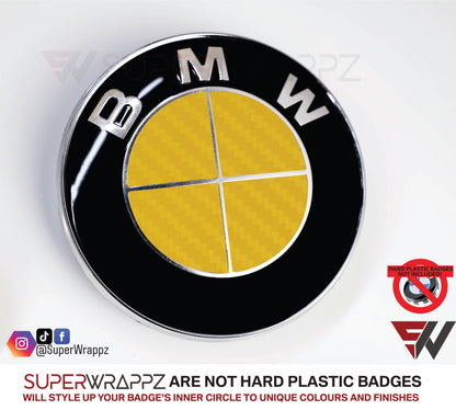 Full Yellow Carbon V1 BMW Badge Overlay — Compatible with E/F Series | SuperWrappz