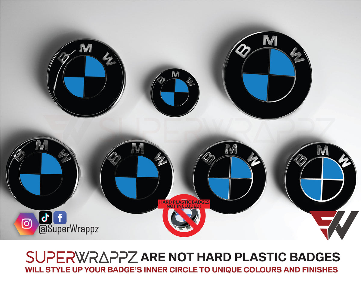 Black and Blue Gloss BMW badge overlay by SuperWrappz on E/F Series emblems, aftermarket cast-vinyl set
