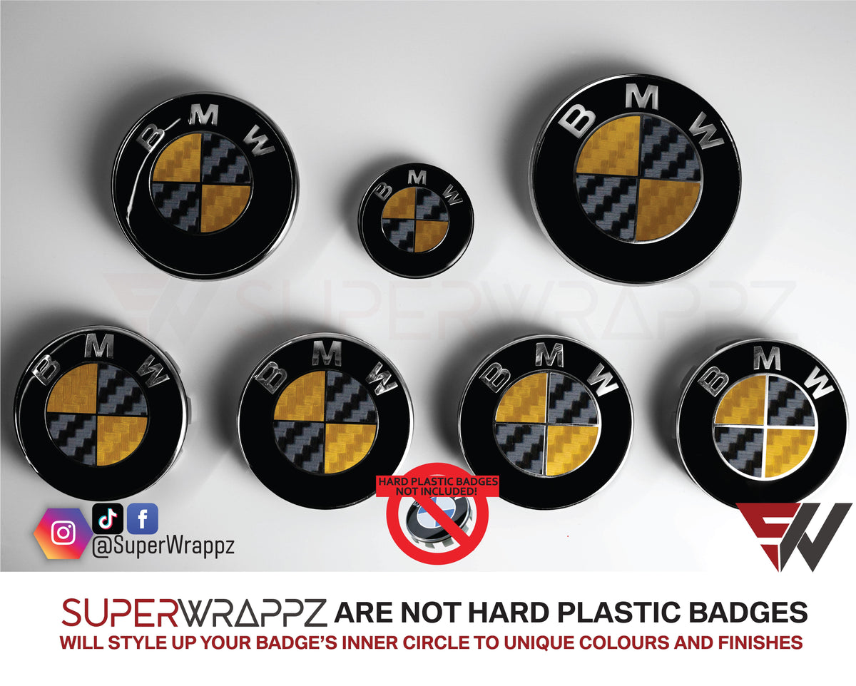 Black and Gold Carbon BMW badge overlay by SuperWrappz on E/F Series emblems, aftermarket cast-vinyl set