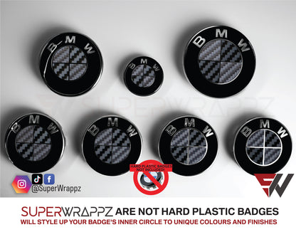 Black and Anthracite Carbon BMW badge overlay by SuperWrappz on E/F Series emblems, aftermarket cast-vinyl set