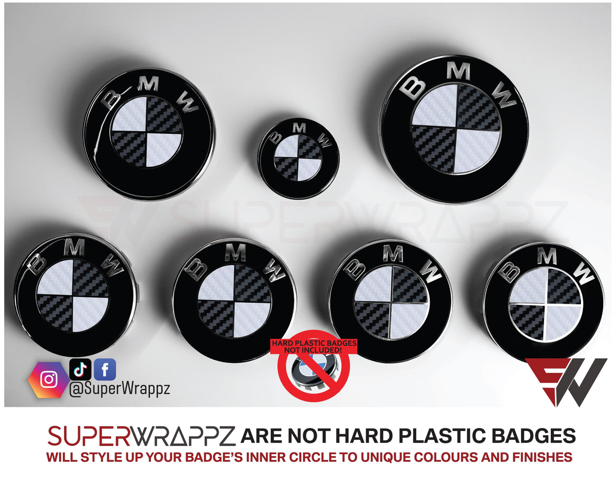 White and Black Carbon BMW badge overlay by SuperWrappz on E/F Series emblems, aftermarket cast-vinyl set