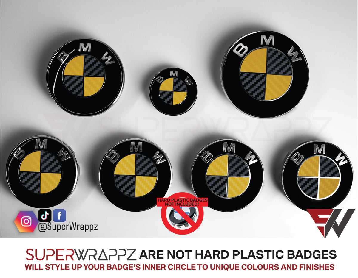 Black and Yellow Carbon BMW badge overlay by SuperWrappz on E/F Series emblems, aftermarket cast-vinyl set