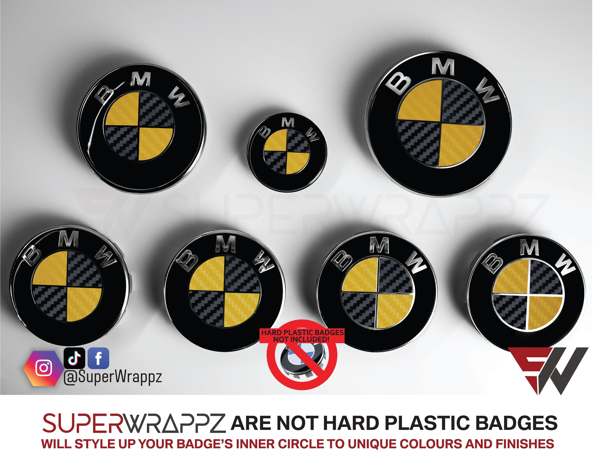 Black and Yellow Carbon BMW badge overlay by SuperWrappz on E/F Series emblems, aftermarket cast-vinyl set