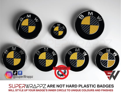 Black and Yellow Carbon BMW badge overlay by SuperWrappz on E/F Series emblems, aftermarket cast-vinyl set