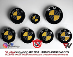Black & Yellow Carbon Badge Emblem Overlay FOR BMW Sticker Vinyl 2 Quadrants covered in each colour FITS YOUR BMW'S Hood Trunk Rims Steering Wheel