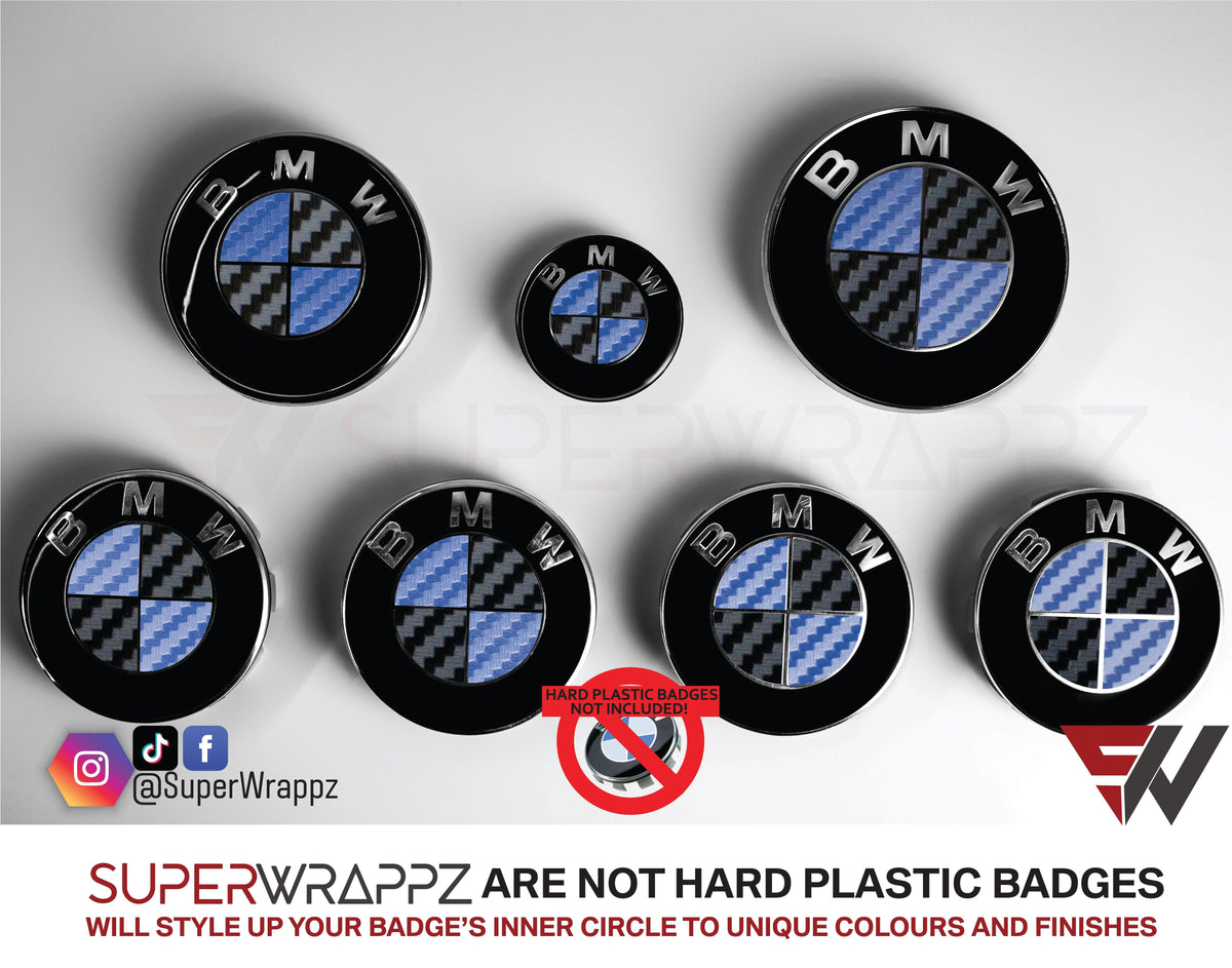 Black and Dark Blue Carbon BMW badge overlay by SuperWrappz on E/F Series emblems, aftermarket cast-vinyl set