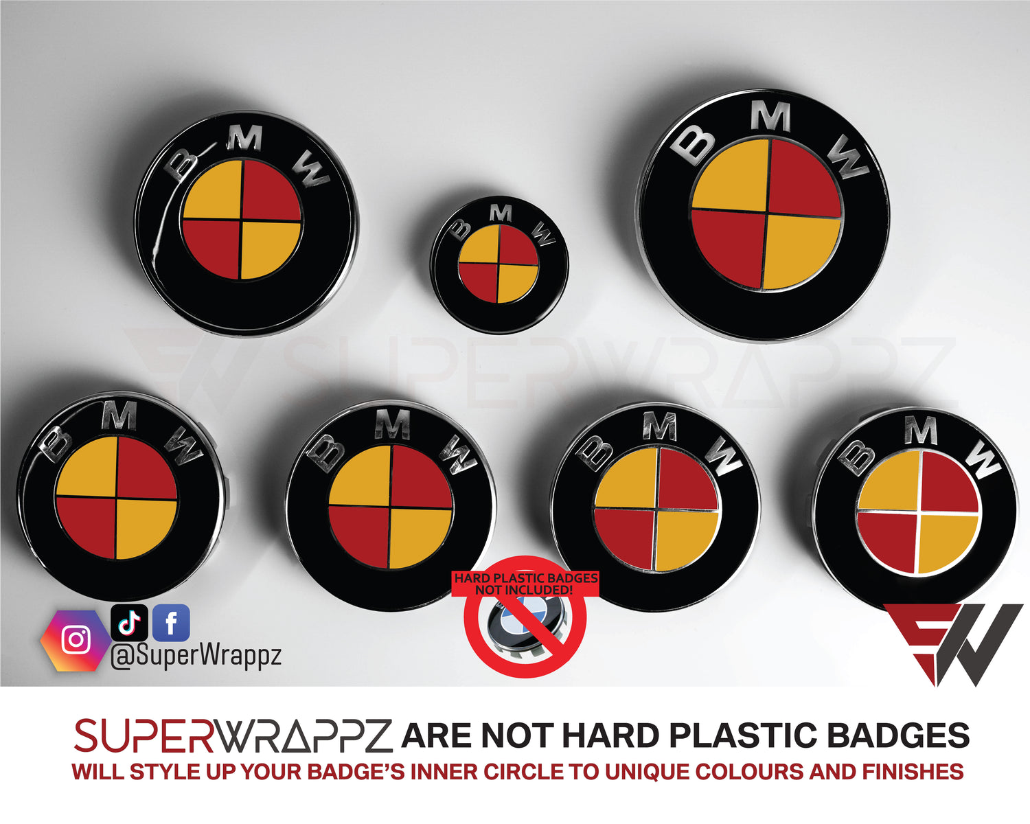 Spain Flag BMW badge overlay by SuperWrappz on E/F Series emblems, aftermarket cast-vinyl set