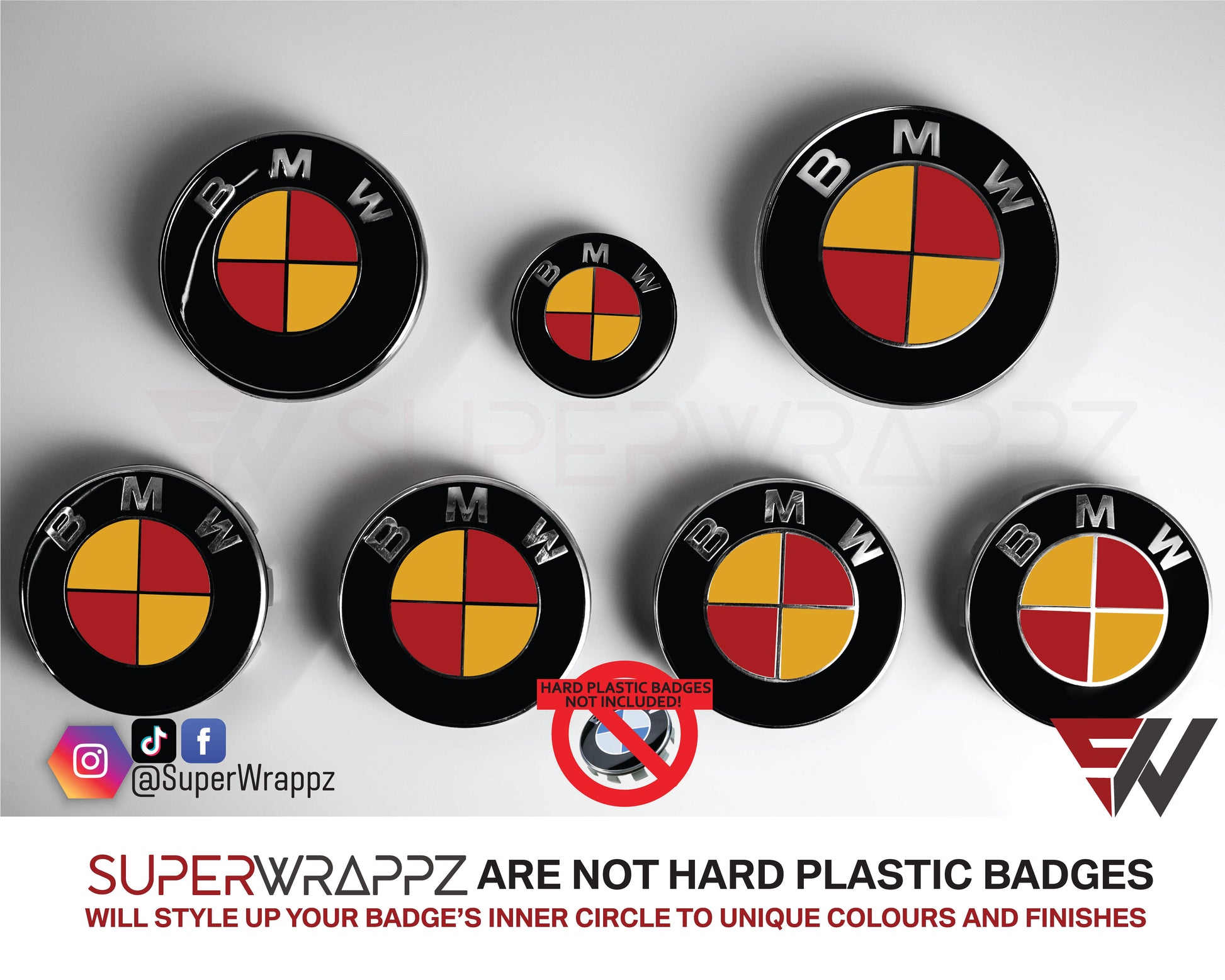 Spain Flag BMW badge overlay by SuperWrappz on E/F Series emblems, aftermarket cast-vinyl set