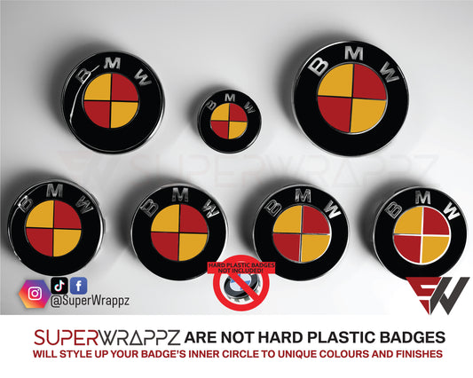 Spain Flag BMW badge overlay by SuperWrappz on E/F Series emblems, aftermarket cast-vinyl set