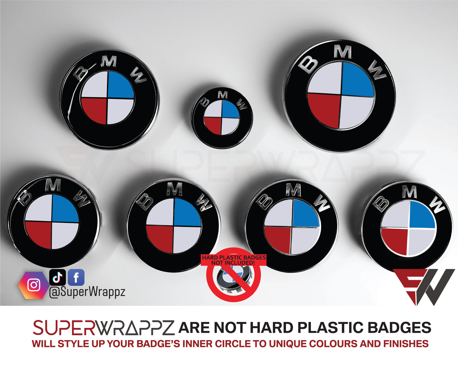 UK USA France Flag BMW badge overlay by SuperWrappz on E/F Series emblems, aftermarket cast-vinyl set