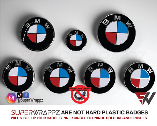 UK USA France Flag BMW badge overlay by SuperWrappz on E/F Series emblems, aftermarket cast-vinyl set