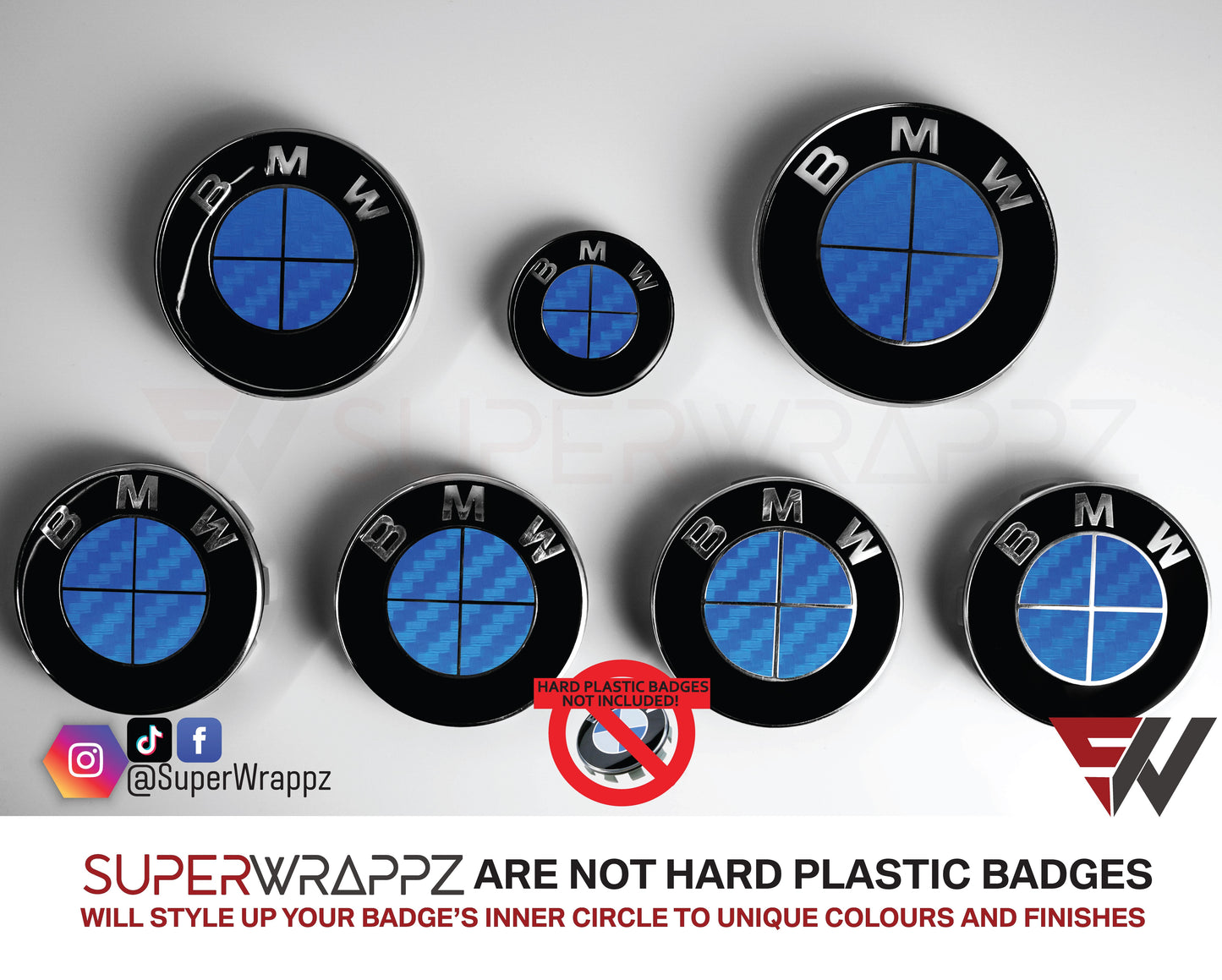 Full Blue Carbon BMW badge overlay by SuperWrappz on E/F Series emblems, aftermarket cast-vinyl set
