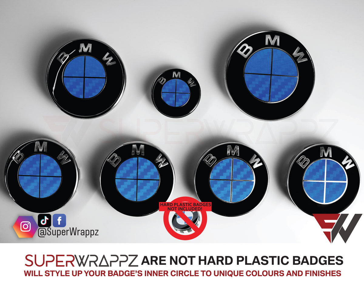 Full Blue Carbon BMW badge overlay by SuperWrappz on E/F Series emblems, aftermarket cast-vinyl set
