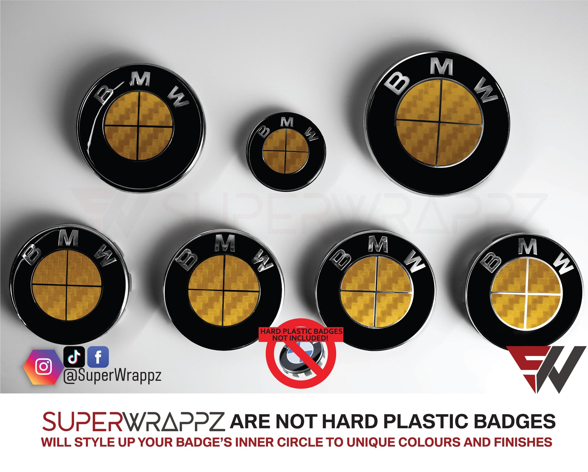 Full Gold Carbon BMW badge overlay by SuperWrappz on E/F Series emblems, aftermarket cast-vinyl set