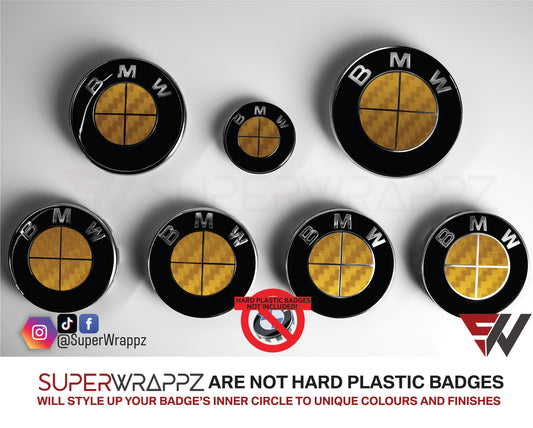 Full Gold Carbon BMW badge overlay by SuperWrappz on E/F Series emblems, aftermarket cast-vinyl set