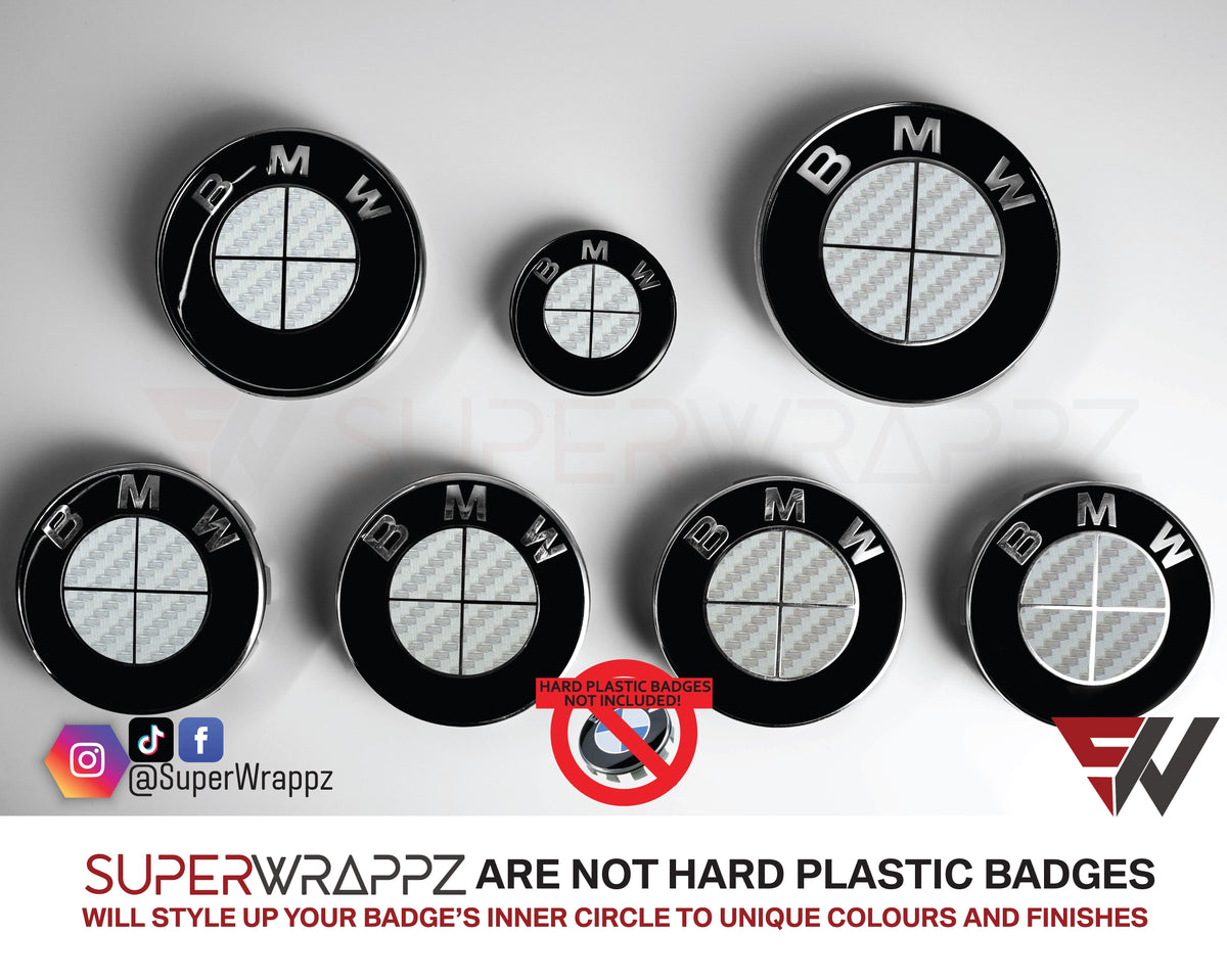 Full Silver Carbon BMW badge overlay by SuperWrappz on E/F Series emblems, aftermarket cast-vinyl set