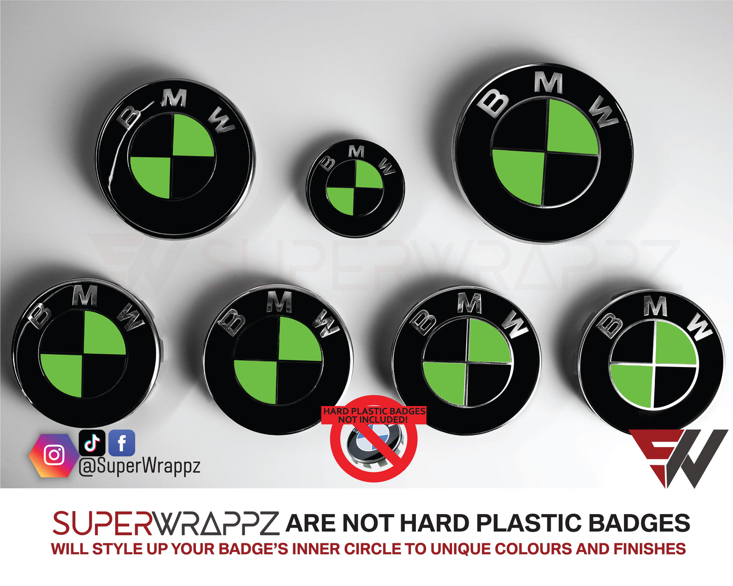 Black and Green Gloss BMW badge overlay by SuperWrappz on E/F Series emblems, aftermarket cast-vinyl set