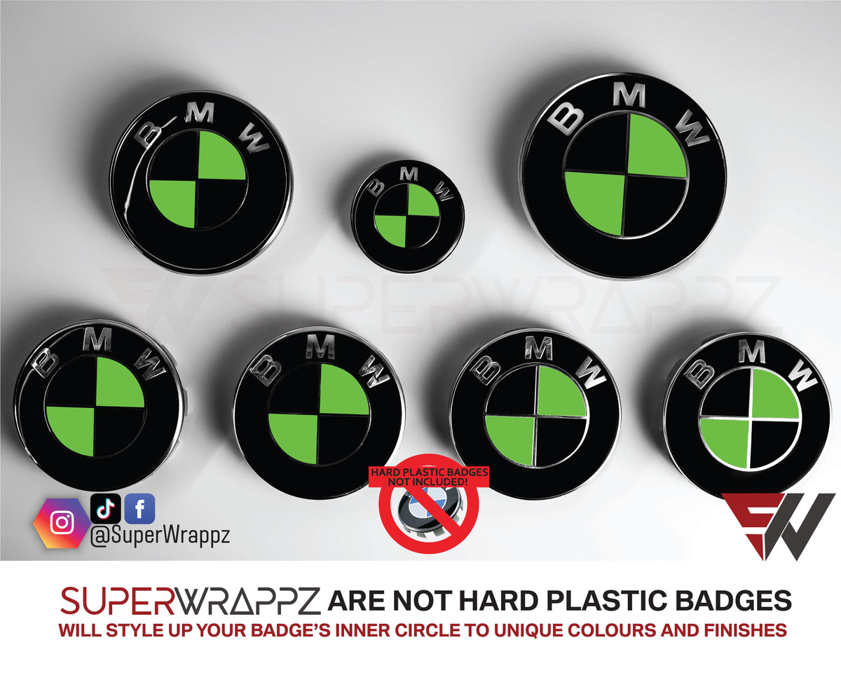 Black and Green Gloss BMW badge overlay by SuperWrappz on E/F Series emblems, aftermarket cast-vinyl set