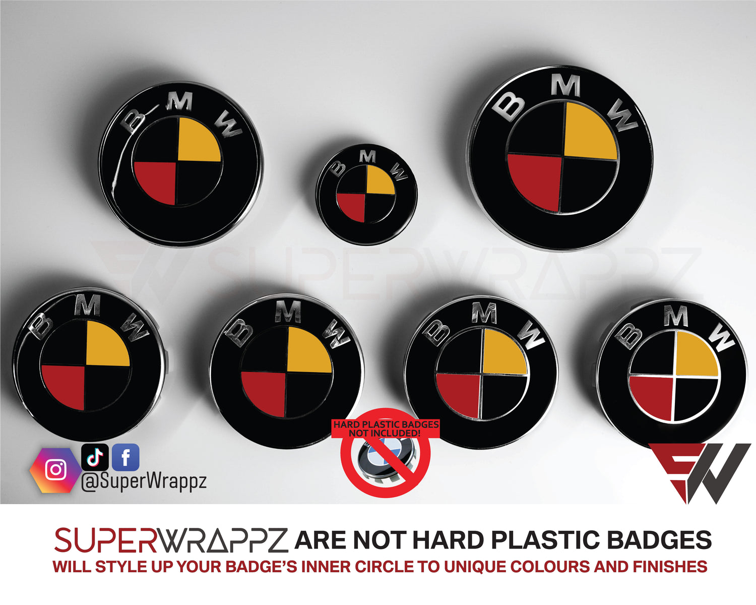 Germany and Belgium Flag BMW badge overlay by SuperWrappz on E/F Series emblems, aftermarket cast-vinyl set