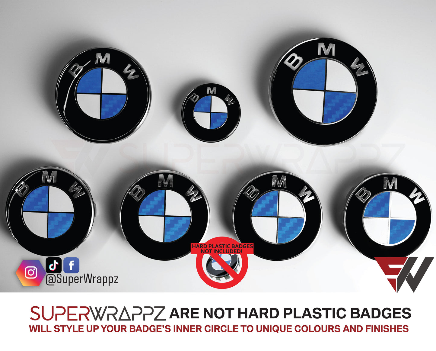 Half Blue Carbon BMW badge overlay by SuperWrappz on E/F Series emblems, aftermarket cast-vinyl set