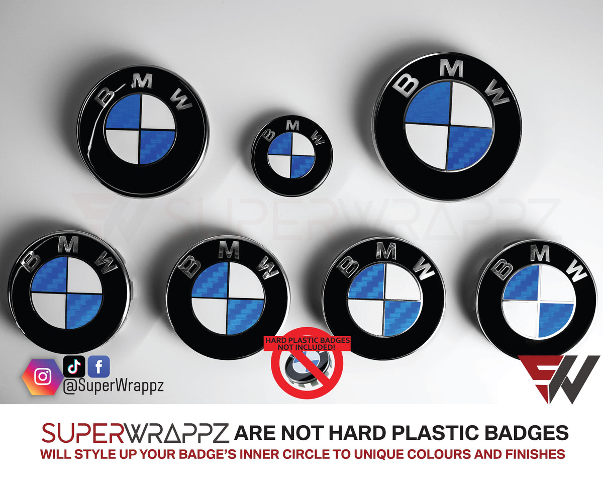 Half Blue Carbon BMW badge overlay by SuperWrappz on E/F Series emblems, aftermarket cast-vinyl set