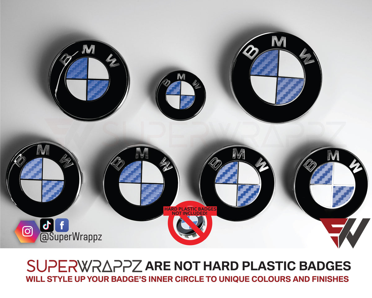 Half Dark Blue Carbon BMW badge overlay by SuperWrappz on E/F Series emblems, aftermarket cast-vinyl set
