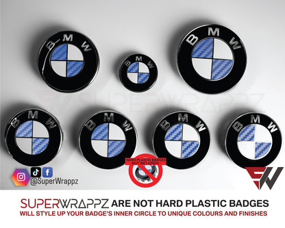 Half Dark Blue Carbon BMW badge overlay by SuperWrappz on E/F Series emblems, aftermarket cast-vinyl set