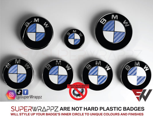 Half Dark Blue Carbon BMW badge overlay by SuperWrappz on E/F Series emblems, aftermarket cast-vinyl set