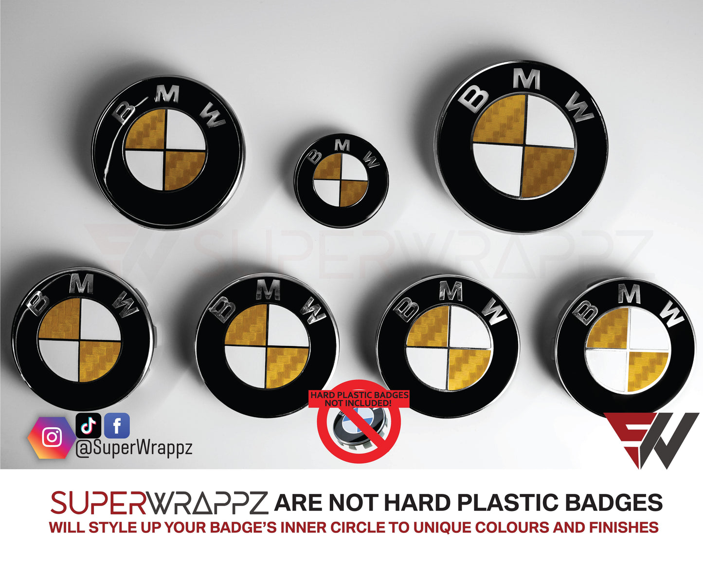Half Gold Carbon BMW badge overlay by SuperWrappz on E/F Series emblems, aftermarket cast-vinyl set