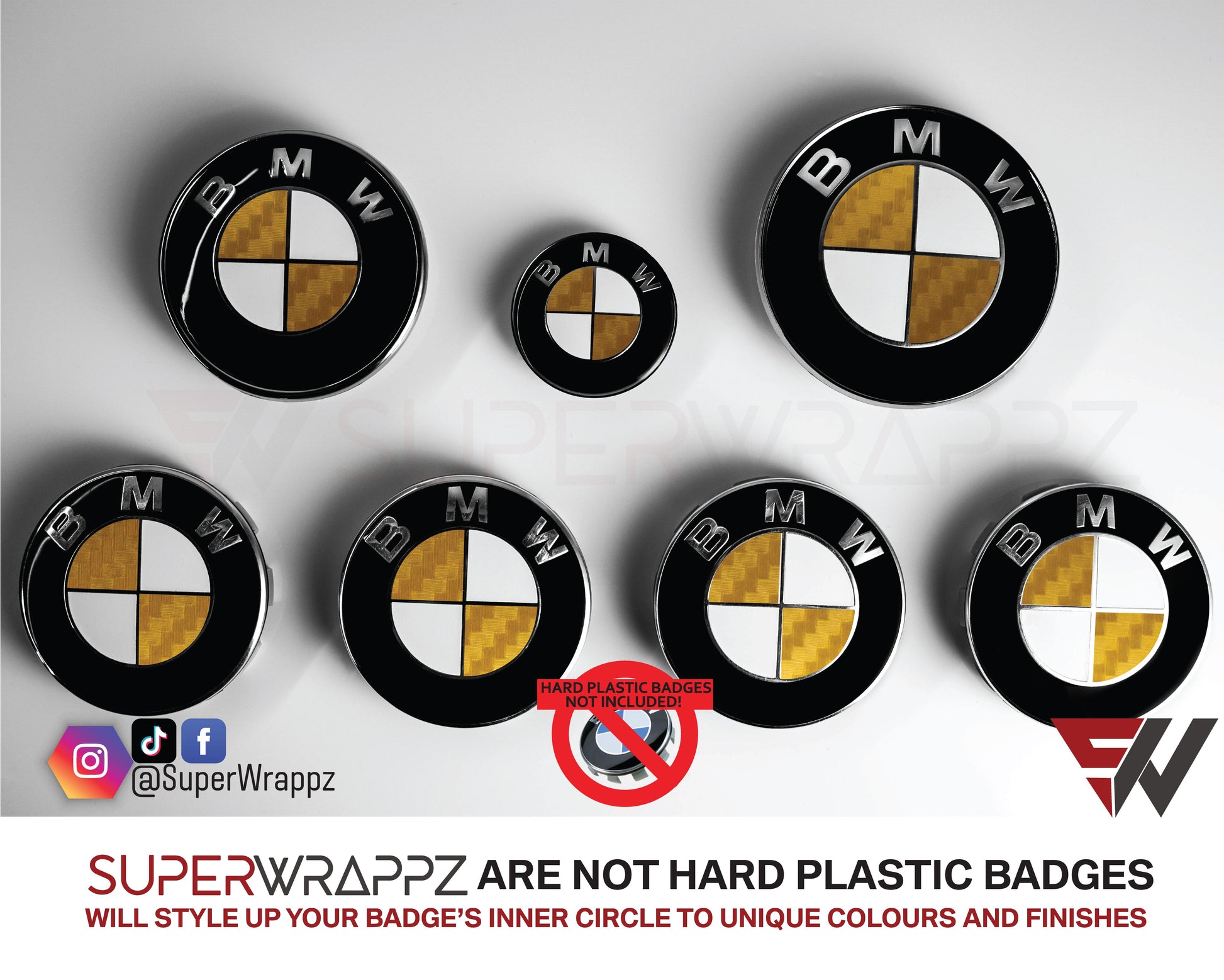 Half Gold Carbon BMW badge overlay by SuperWrappz on E/F Series emblems, aftermarket cast-vinyl set