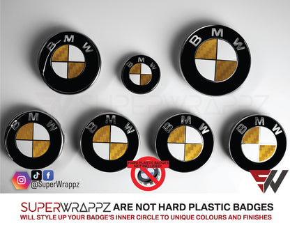 Half Gold Carbon BMW badge overlay by SuperWrappz on E/F Series emblems, aftermarket cast-vinyl set