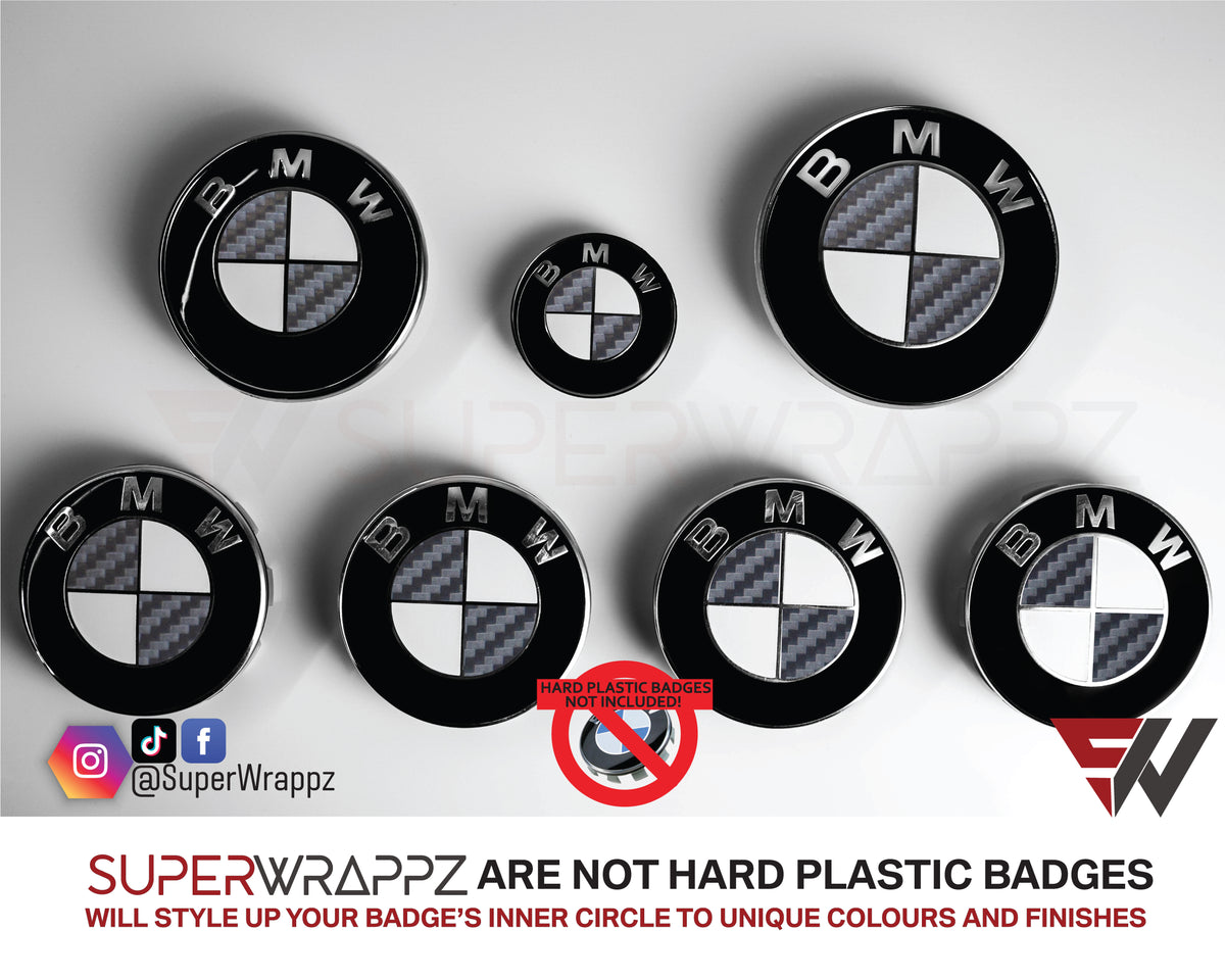 Half Dark Grey Carbon BMW badge overlay by SuperWrappz on E/F Series emblems, aftermarket cast-vinyl set