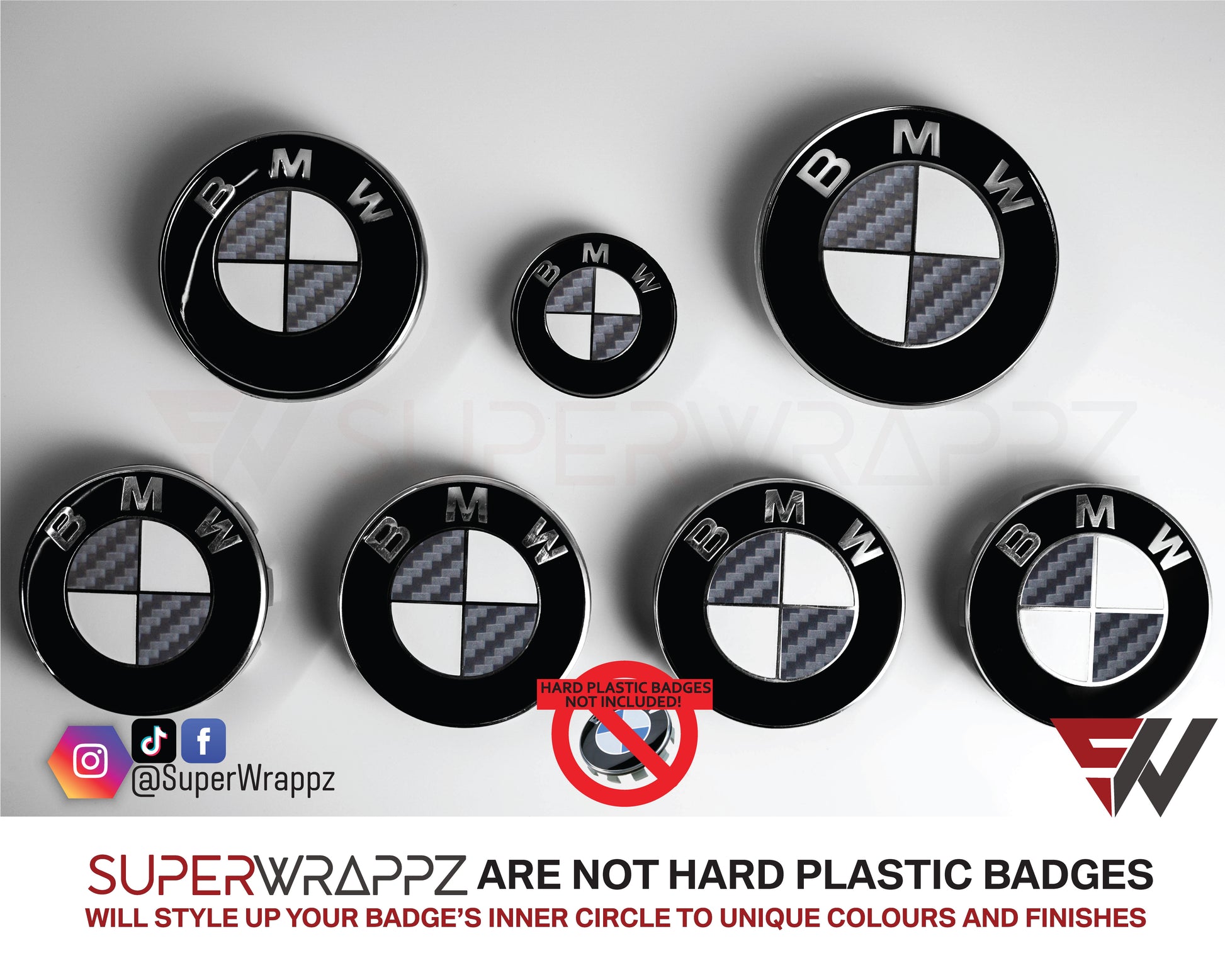 Half Dark Grey Carbon BMW badge overlay by SuperWrappz on E/F Series emblems, aftermarket cast-vinyl set