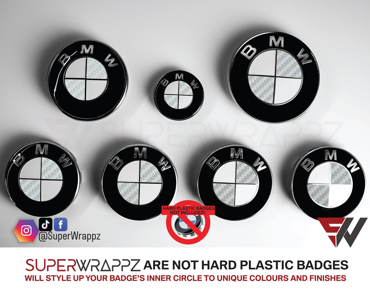 Half Silver Carbon BMW badge overlay by SuperWrappz on E/F Series emblems, aftermarket cast-vinyl set