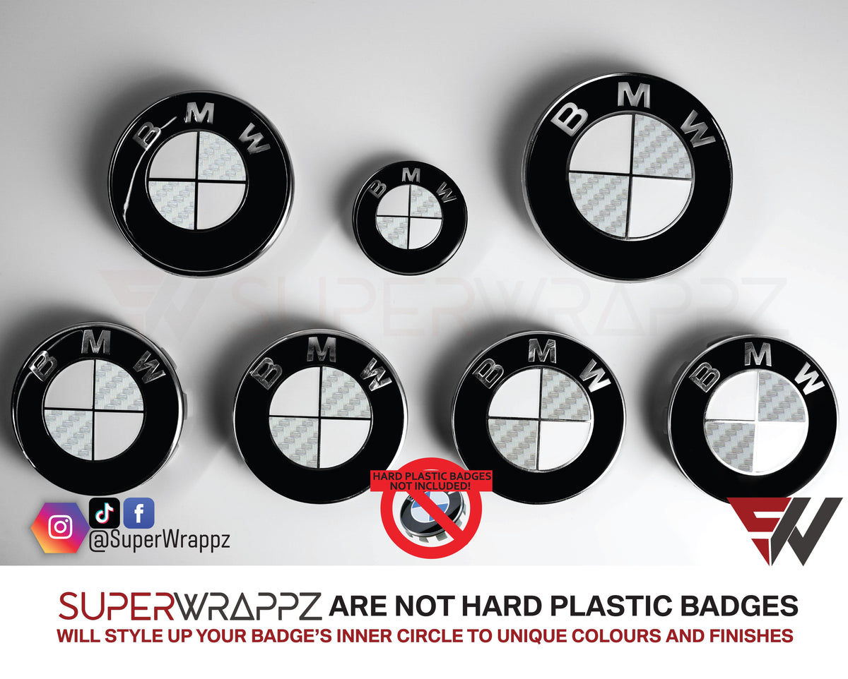 Half Silver Carbon BMW badge overlay by SuperWrappz on E/F Series emblems, aftermarket cast-vinyl set