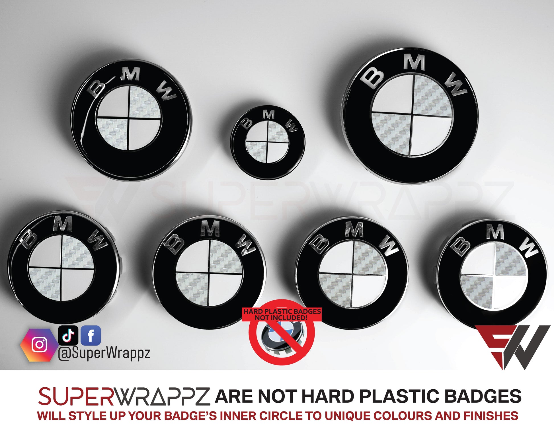 Half Silver Carbon BMW badge overlay by SuperWrappz on E/F Series emblems, aftermarket cast-vinyl set