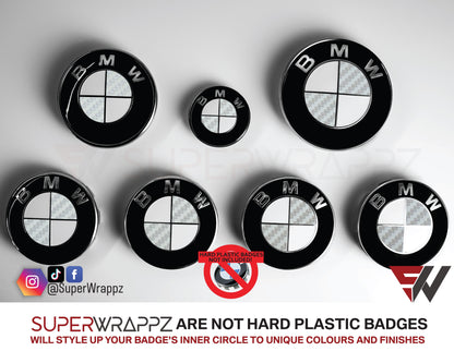 Half Silver Carbon BMW badge overlay by SuperWrappz on E/F Series emblems, aftermarket cast-vinyl set