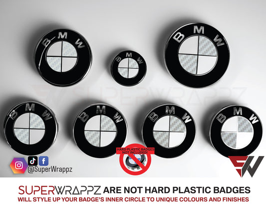Half Silver Carbon BMW badge overlay by SuperWrappz on E/F Series emblems, aftermarket cast-vinyl set