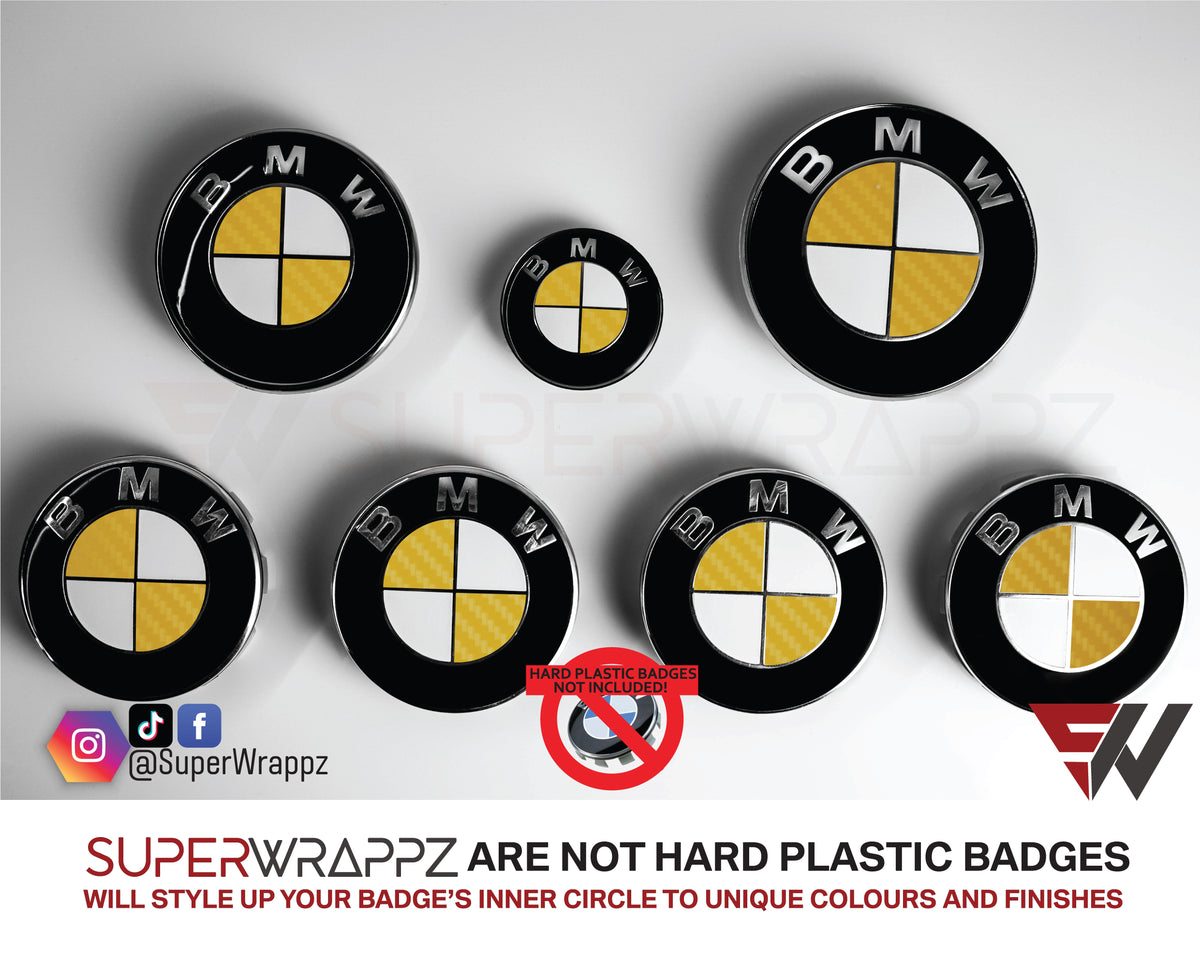 Half Yellow Carbon BMW badge overlay by SuperWrappz on E/F Series emblems, aftermarket cast-vinyl set