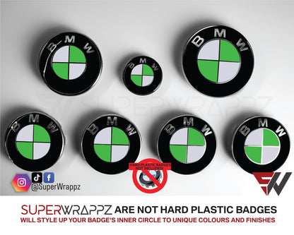 Ireland Flag BMW badge overlay by SuperWrappz on E/F Series emblems, aftermarket cast-vinyl set