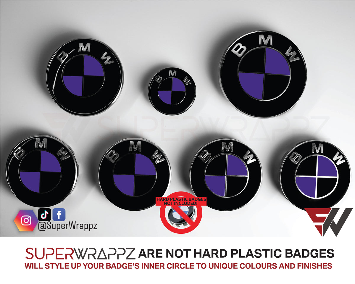 Black and Purple Gloss BMW badge overlay by SuperWrappz on E/F Series emblems, aftermarket cast-vinyl set
