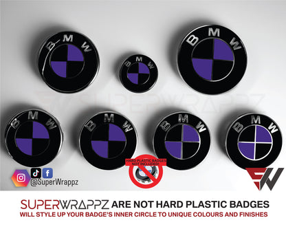 Black and Purple Gloss BMW badge overlay by SuperWrappz on E/F Series emblems, aftermarket cast-vinyl set