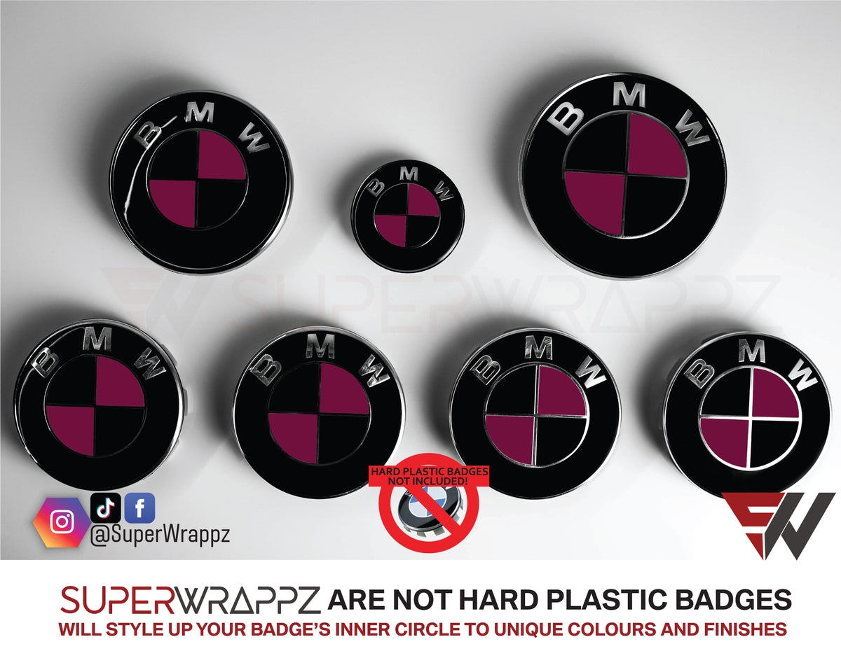 Black and Pink Fuchsia Gloss BMW badge overlay by SuperWrappz on E/F Series emblems, aftermarket cast-vinyl set