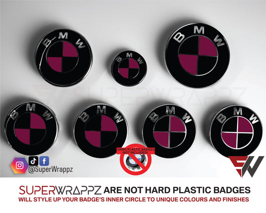 Black and Pink Fuchsia Gloss BMW badge overlay by SuperWrappz on E/F Series emblems, aftermarket cast-vinyl set