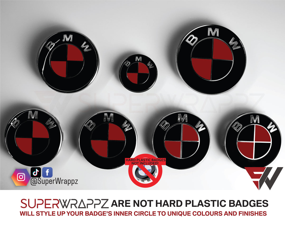 Black and Red Metal Gloss BMW badge overlay by SuperWrappz on E/F Series emblems, aftermarket cast-vinyl set