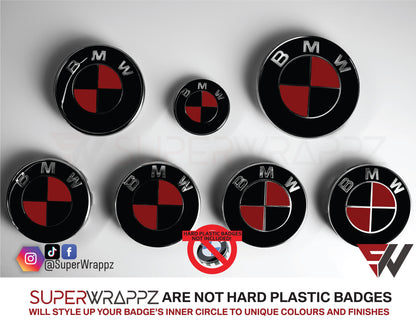 Black and Red Metal Gloss BMW badge overlay by SuperWrappz on E/F Series emblems, aftermarket cast-vinyl set