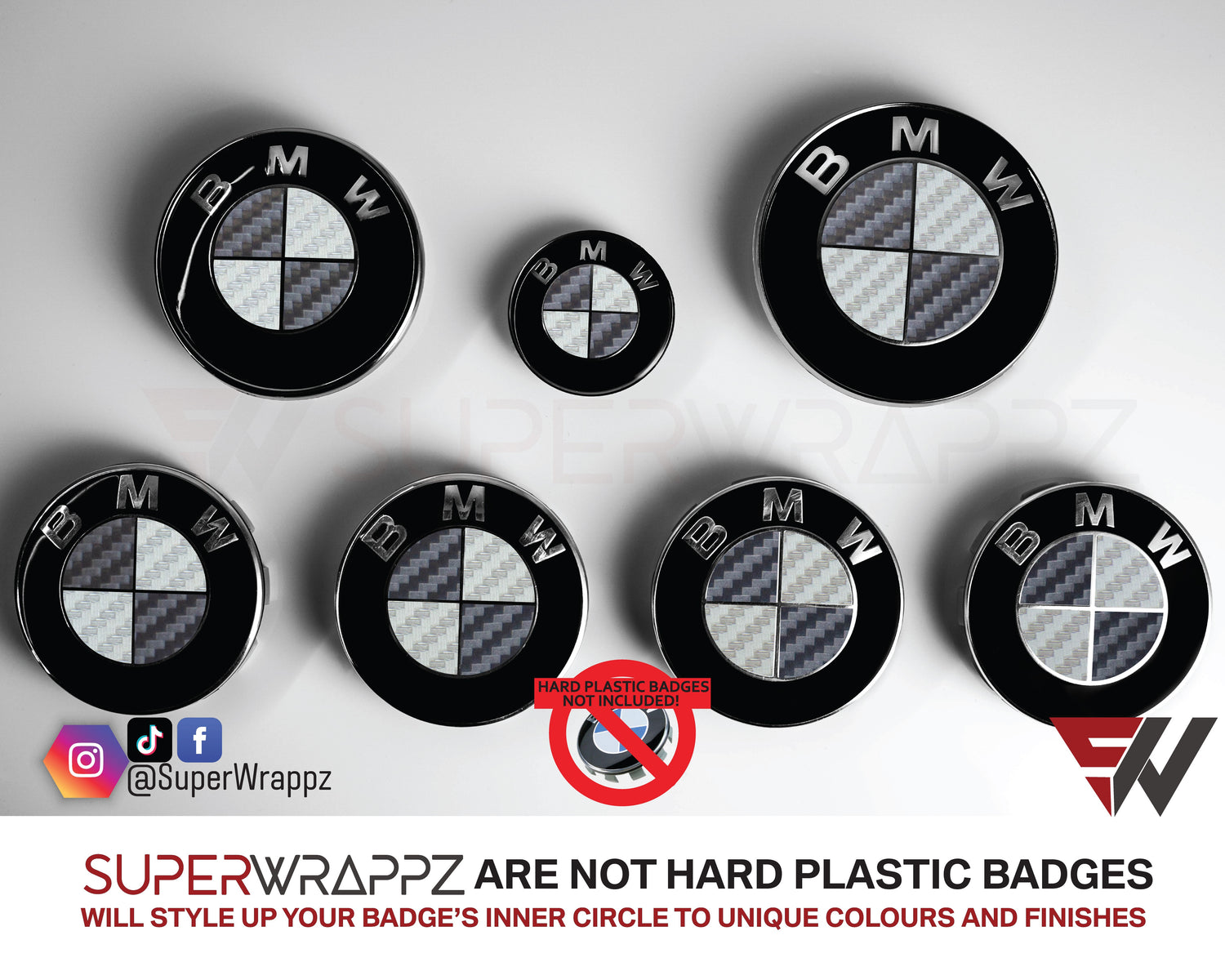 Dark Grey and Silver Carbon BMW badge overlay by SuperWrappz on E/F Series emblems, aftermarket cast-vinyl set