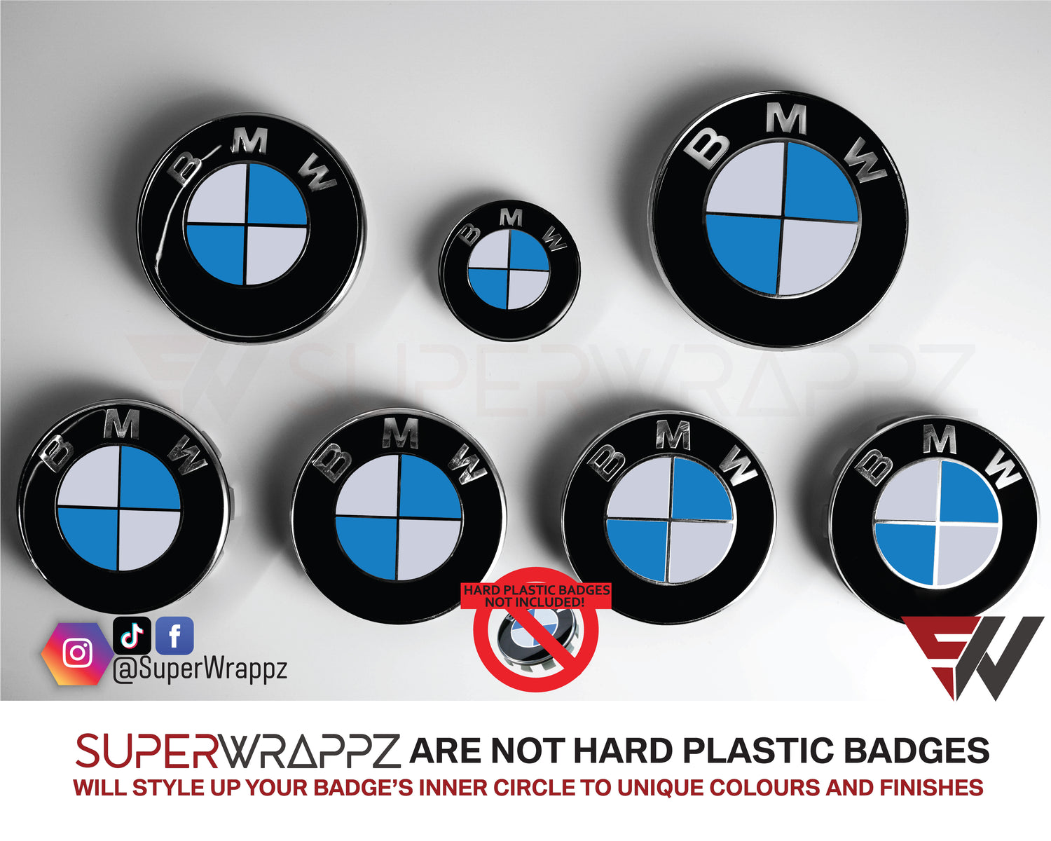 White and Blue Gloss BMW badge overlay by SuperWrappz on E/F Series emblems, aftermarket cast-vinyl set